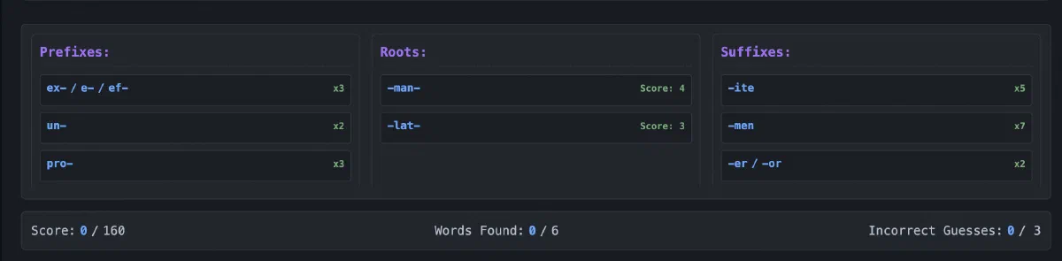 A -struct- puzzle: prefix, root, and suffix tiles, with score and guess counters along the bottom